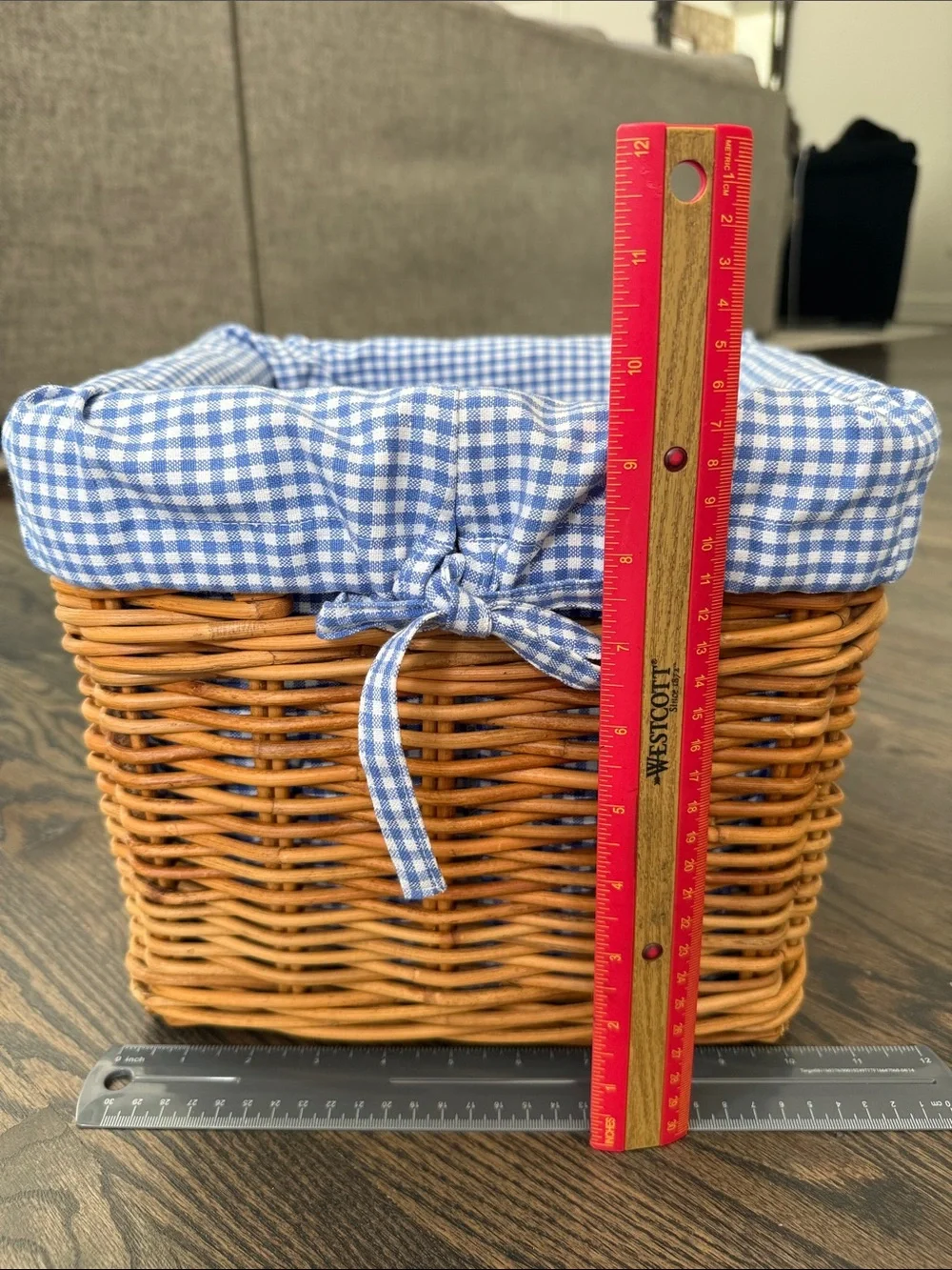 Pottery Barn Kids Woven Rattan Basket with Blue Gingham Liner